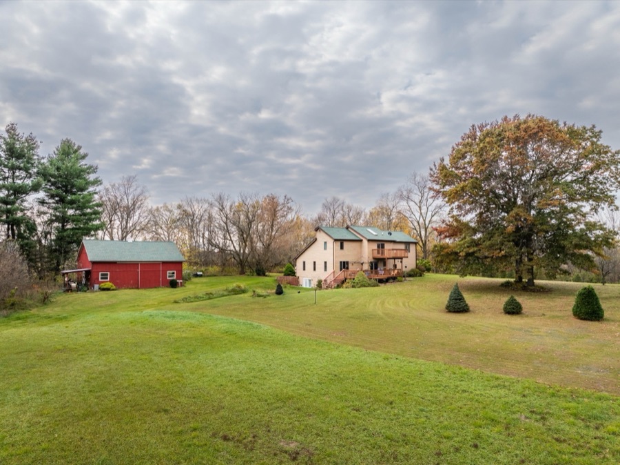 House, barn and oak from above